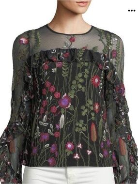 Red Carter Black Sheer Floral Embroidered Top with Red Accents